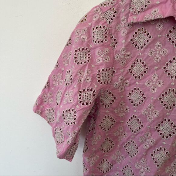 Zara Pink Eyelet Short Sleeve Button Down Shirt - Picture 3 of 8